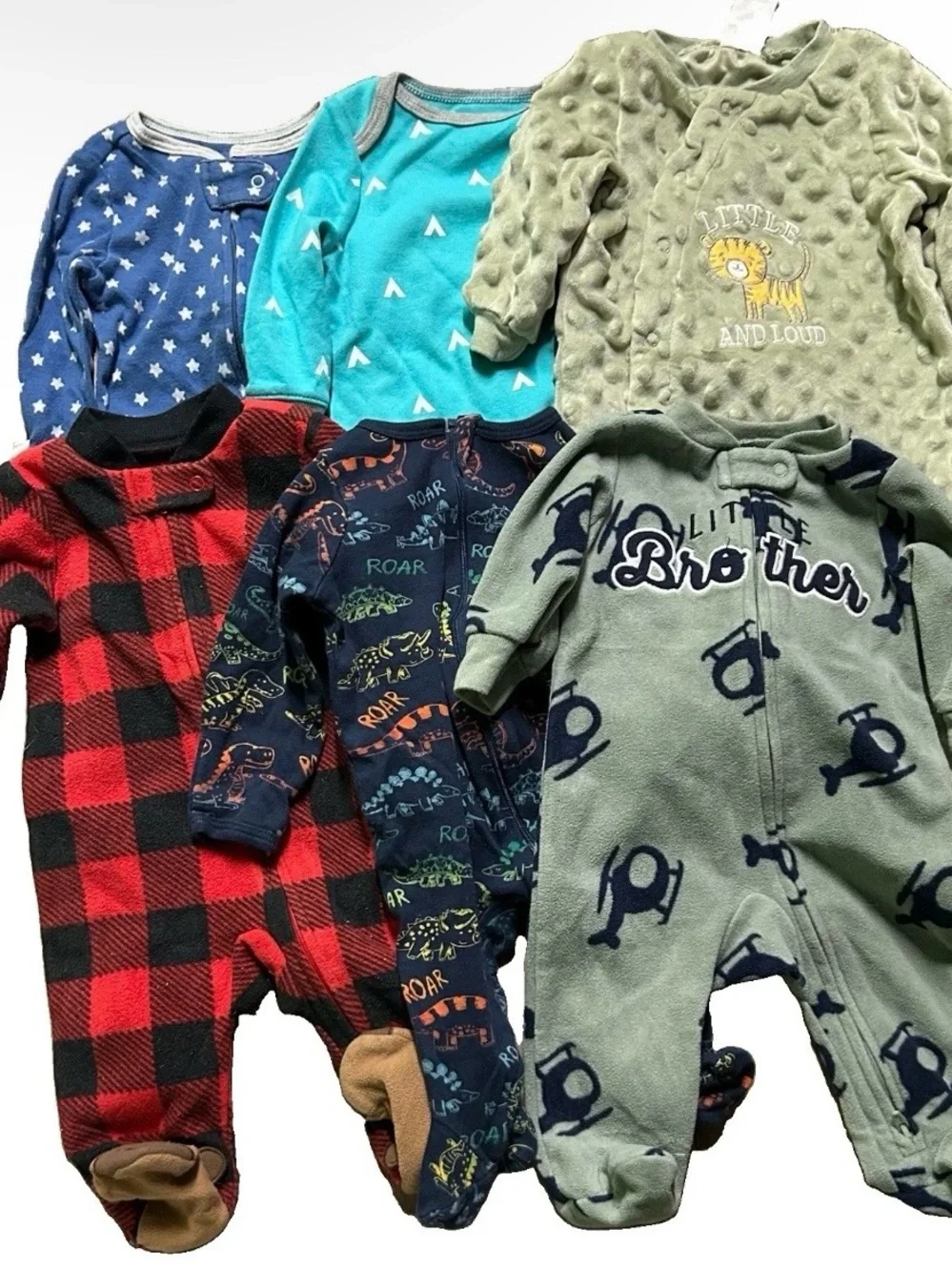 Baby Boy Footie Pajamas Little Brother Lion Dinosaurs Size 0-3 Months
